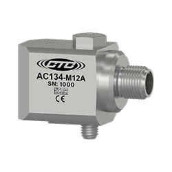 A render of a side exit CTC AC134-M12A low frequency industrial condition monitoring sensor.